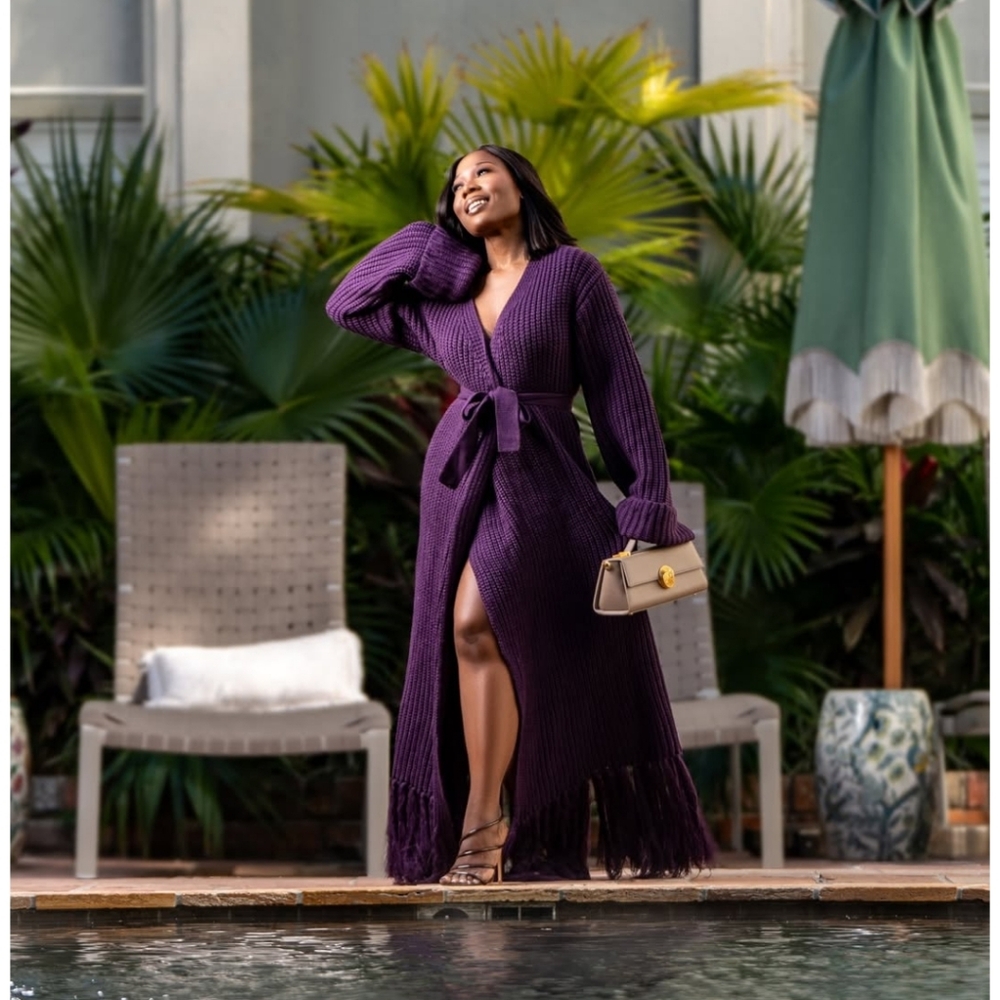 HANIFA MIYA KNIT CARDIGAN DRESS IN EGGPLANT /PLUM - Picture 4 of 11